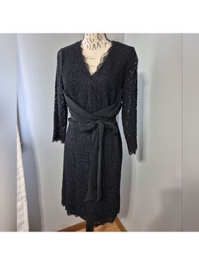 Adrianna Papell Long Sleeve Lace Waist Wrap Tie Bow Dress LBD Black Size 10
